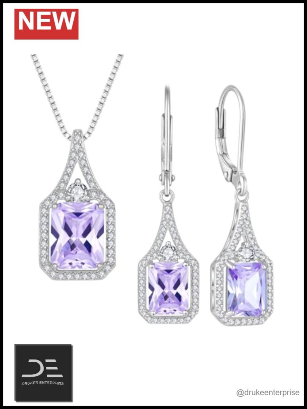 Emerald Cut June Birthstone Jewelry Set 925 Sterling Silver Necklace Earrings